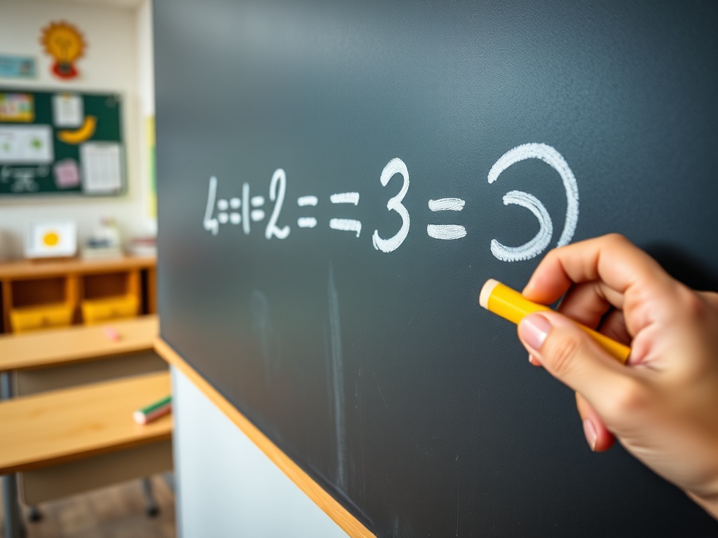 На черной доске написаны математические уравнения. Рука держит мел, пишущая числа.