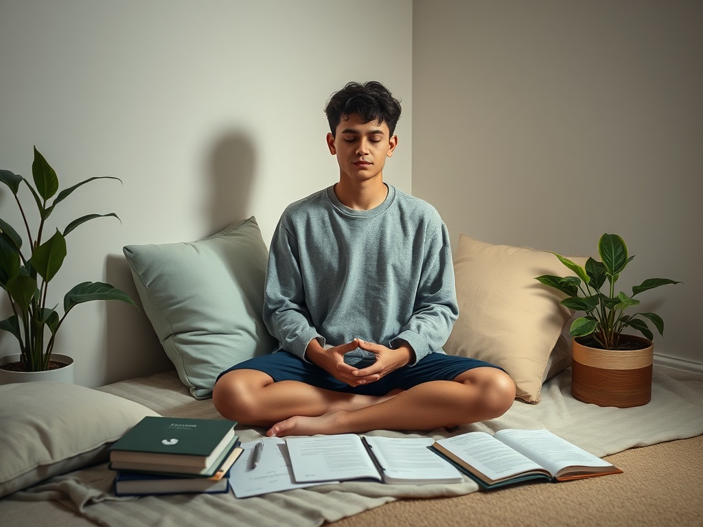 Молодой человек медитирует на полу среди книг и растений, в уютной атмосфере комнаты.