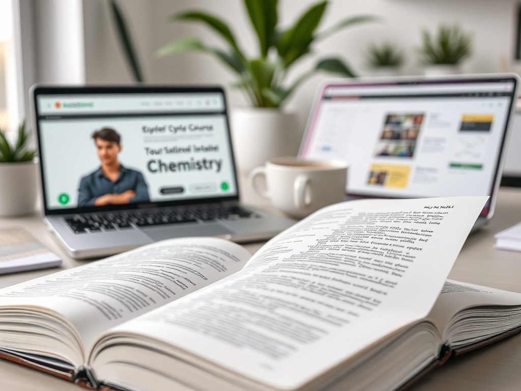 На столе открытая книга, ноутбук с курсом химии и чашка кофе на фоне растений.