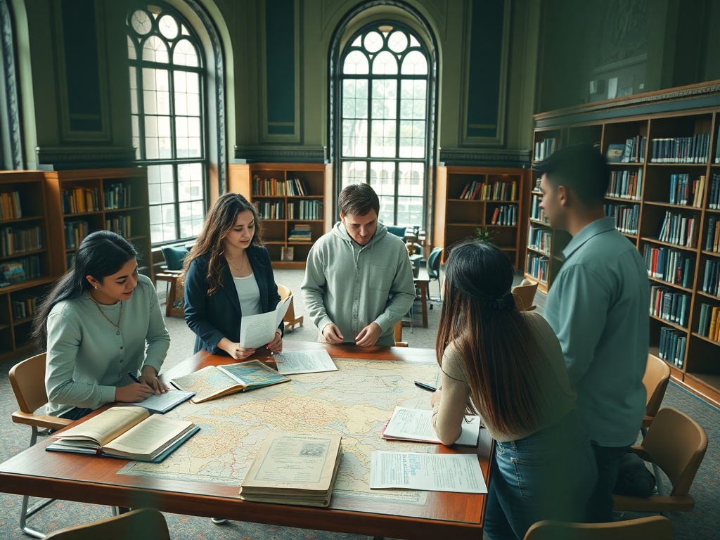 Студенты обсуждают материалы за столом в библиотеке, исследуя карты и документы.