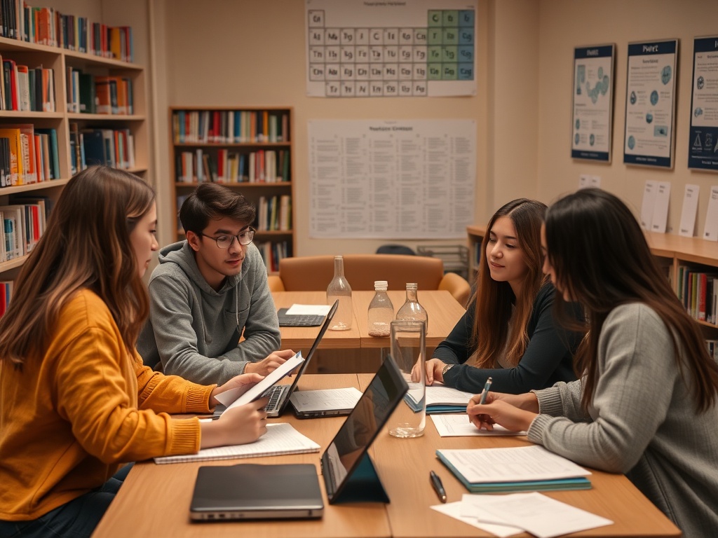 Четыре студента обсуждают учебные материалы в библиотеке, окруженные книгами и ноутбуками.