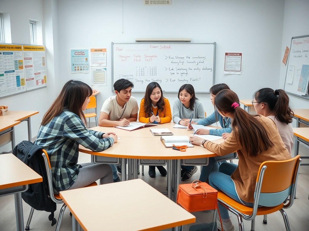 Группа студентов обсуждает уроки за круглым столом в учебном классе. Учебные материалы на стенах.