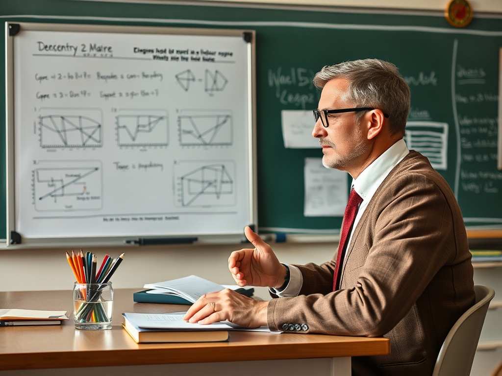 На картинке профессор обсуждает графики и диаграммы в аудитории, сидя за столом.