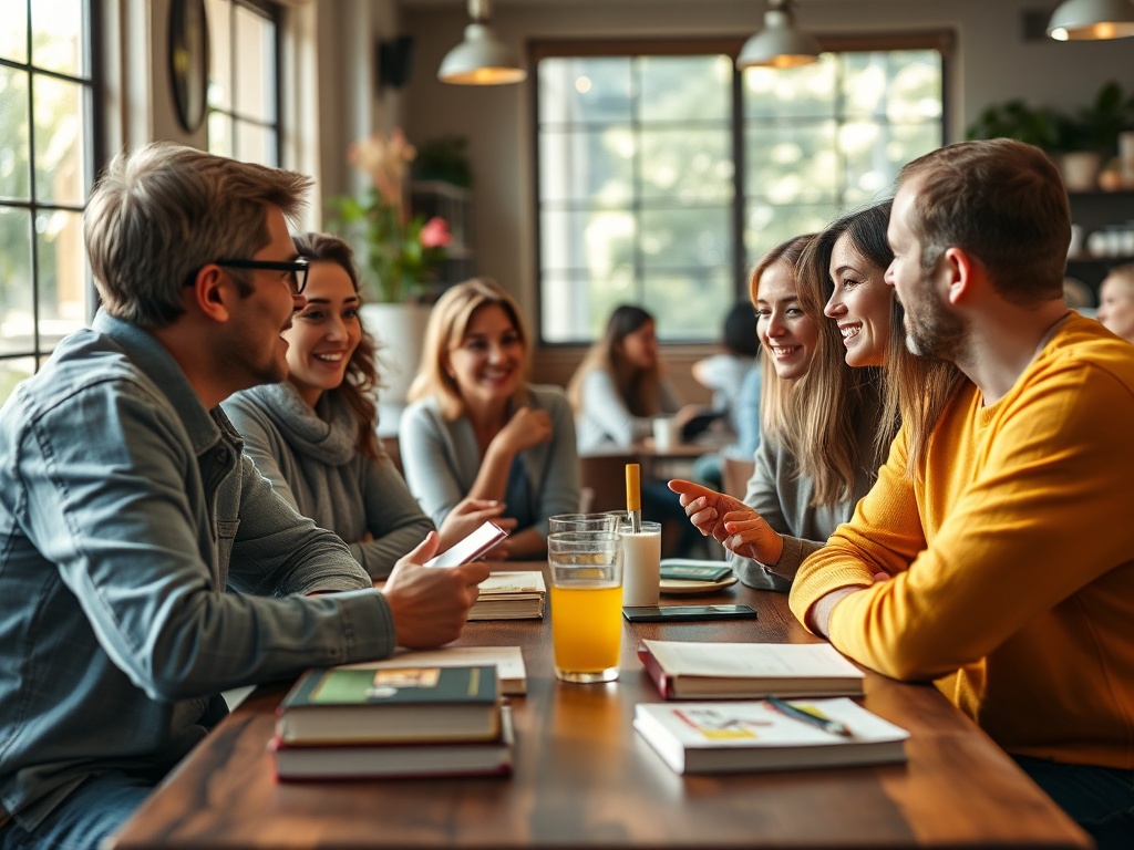 В кафе группа молодых людей общается, смеется и наслаждается напитками, окруженные книгами.