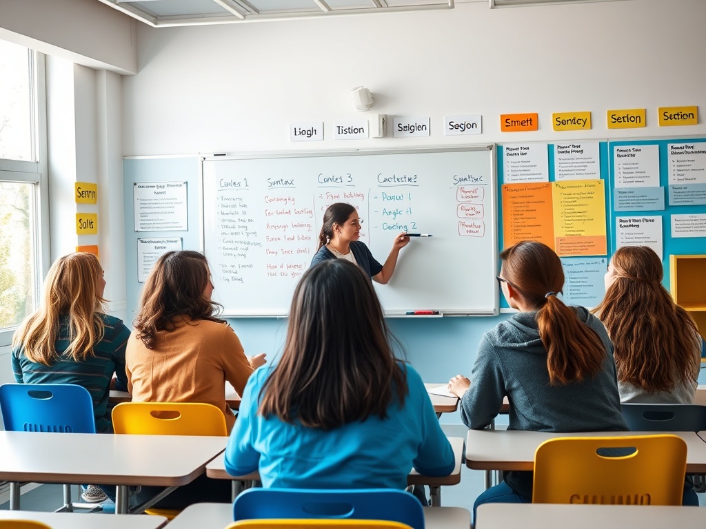 Учитель объясняет материал на доске, ученики внимательно слушают и делают заметки в классе.