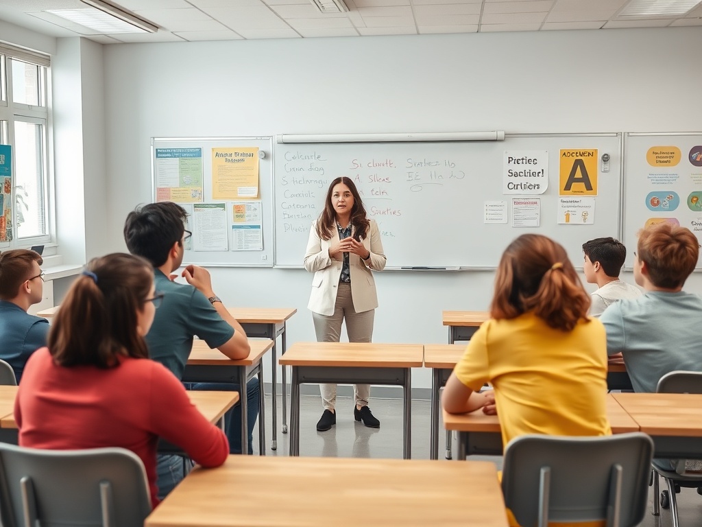 Учительница объясняет материал группе учеников в классе с партами и информационными стендами.