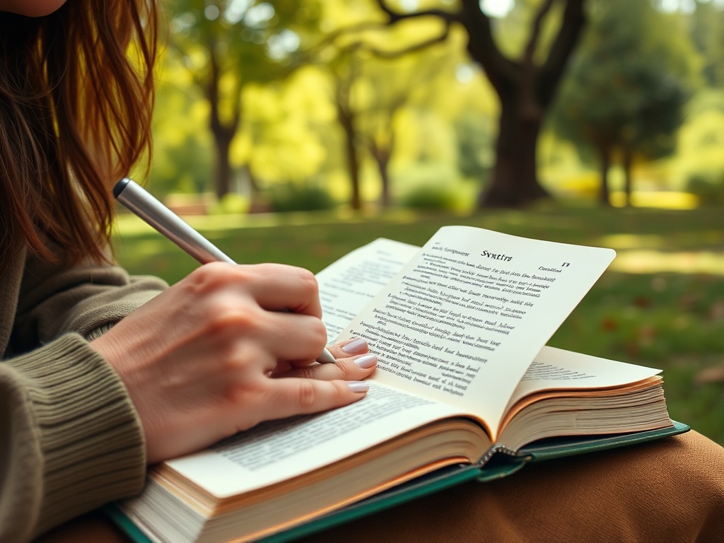 Женщина сидит на природе, записывая что-то в блокнот на фоне зелёных деревьев.