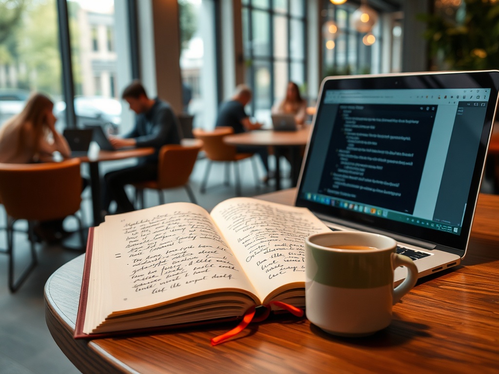 На столе лежит открытую тетрадь с записями, рядом ноутбук и чашка кофе. В кафе работают люди.