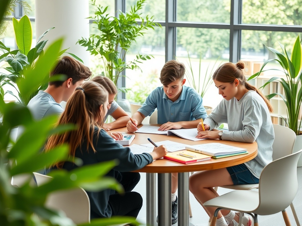 Группа подростков учится за круглым столом, исследуя книги и делая заметки на бумаге. Растения вокруг.