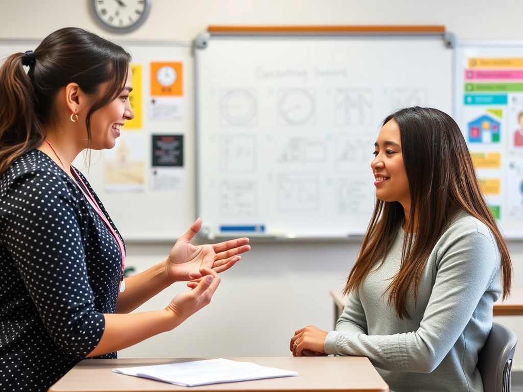 На изображении две женщины беседуют в классе, одна активно говорит, другая внимательно слушает.