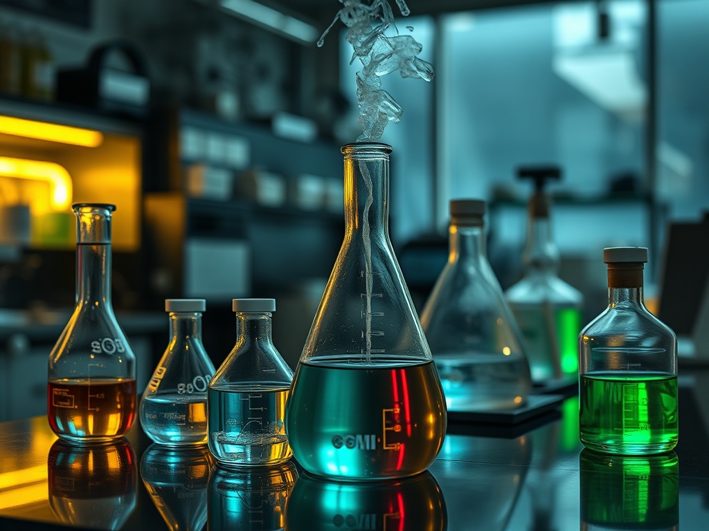 На столе стоят колбы с цветными жидкостями, в лаборатории с мягким светом и современным оборудованием.