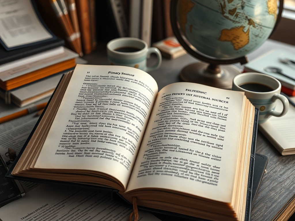 Открытая книга на столе рядом с глобусом и чашками кофе, окруженная книгами и канцелярскими принадлежностями.