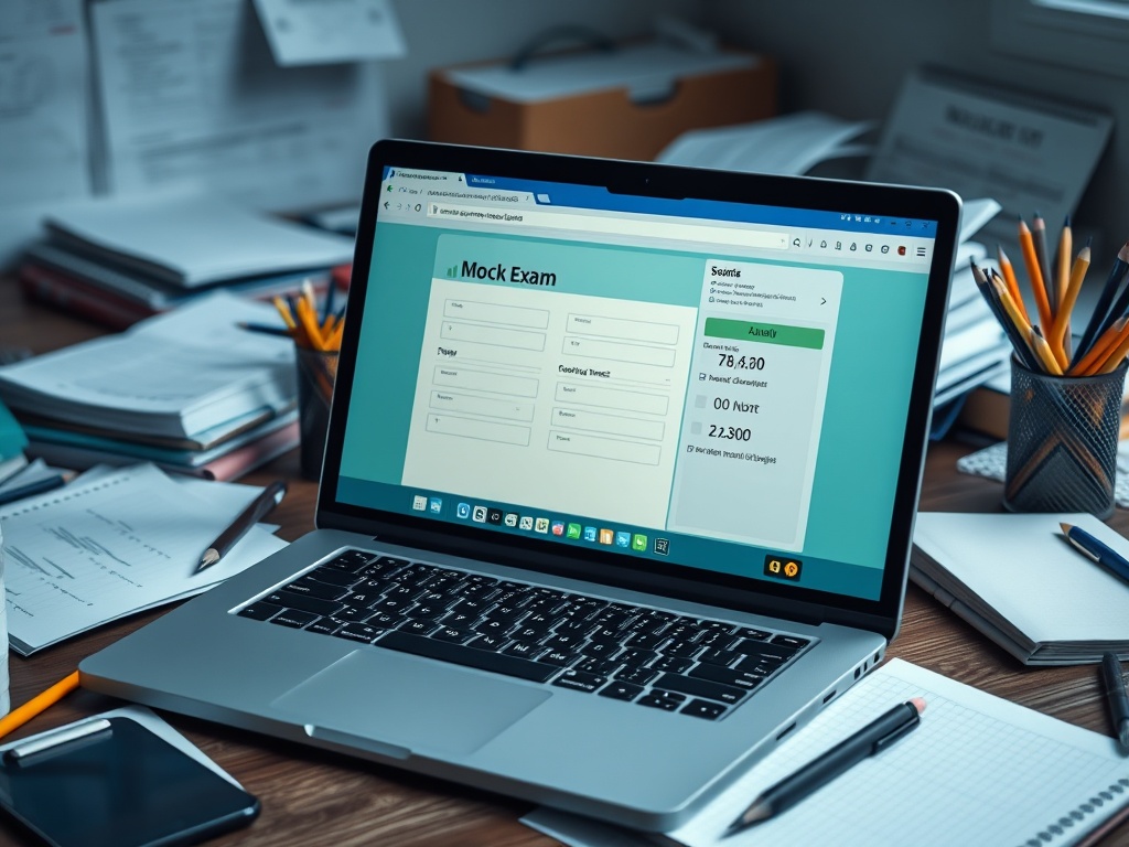 Ноутбук на столе с открытым экраном электронного экзамена, вокруг канцелярские принадлежности и блокноты.