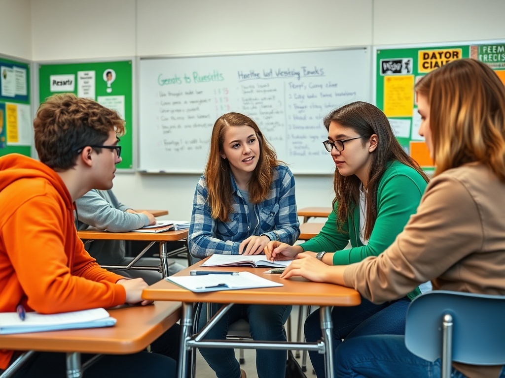 Четверо студентов обсуждают за столом учебные темы в классе. На заднем плане заметны учебные материалы.