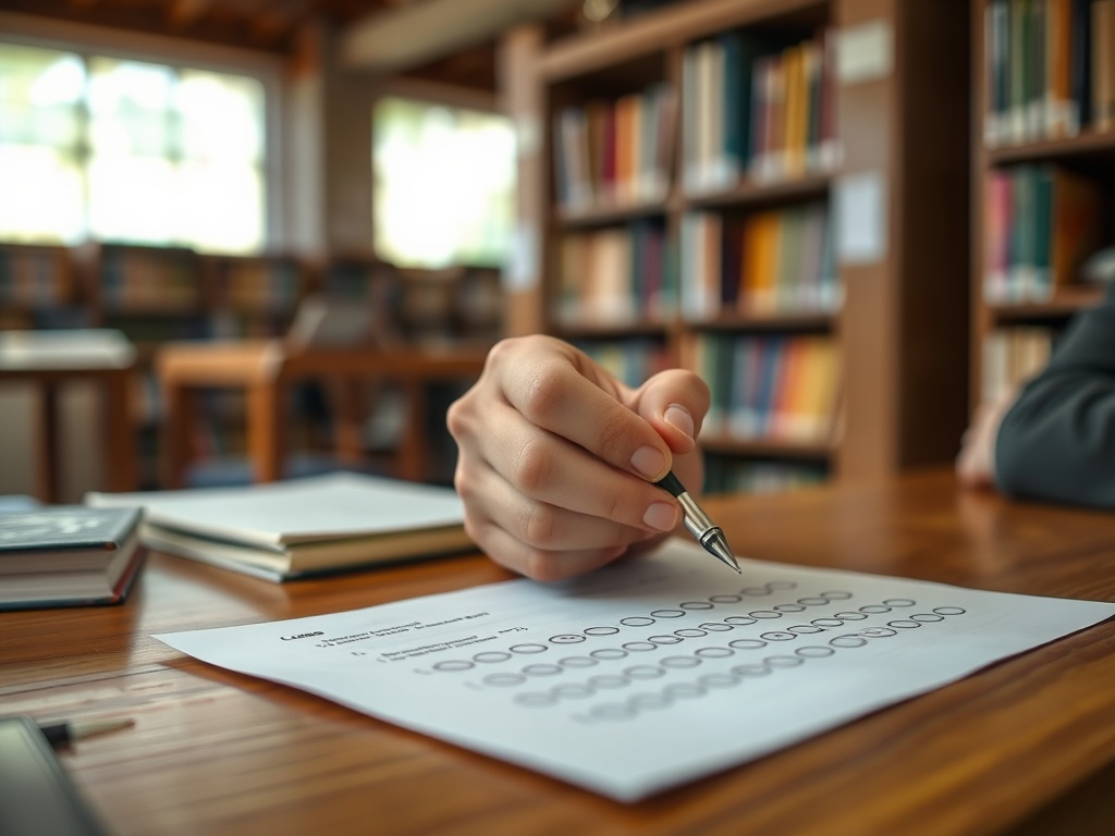На столе лежит бумага с вопросами, на ней держат ручку. На заднем плане библиотека с полками книг.