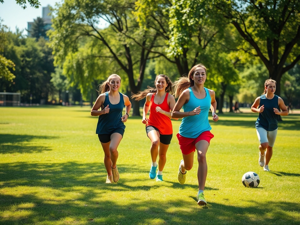 Четыре девушки бегут по зеленому поле, играя в футбол и наслаждаясь теплым солнечным днем.